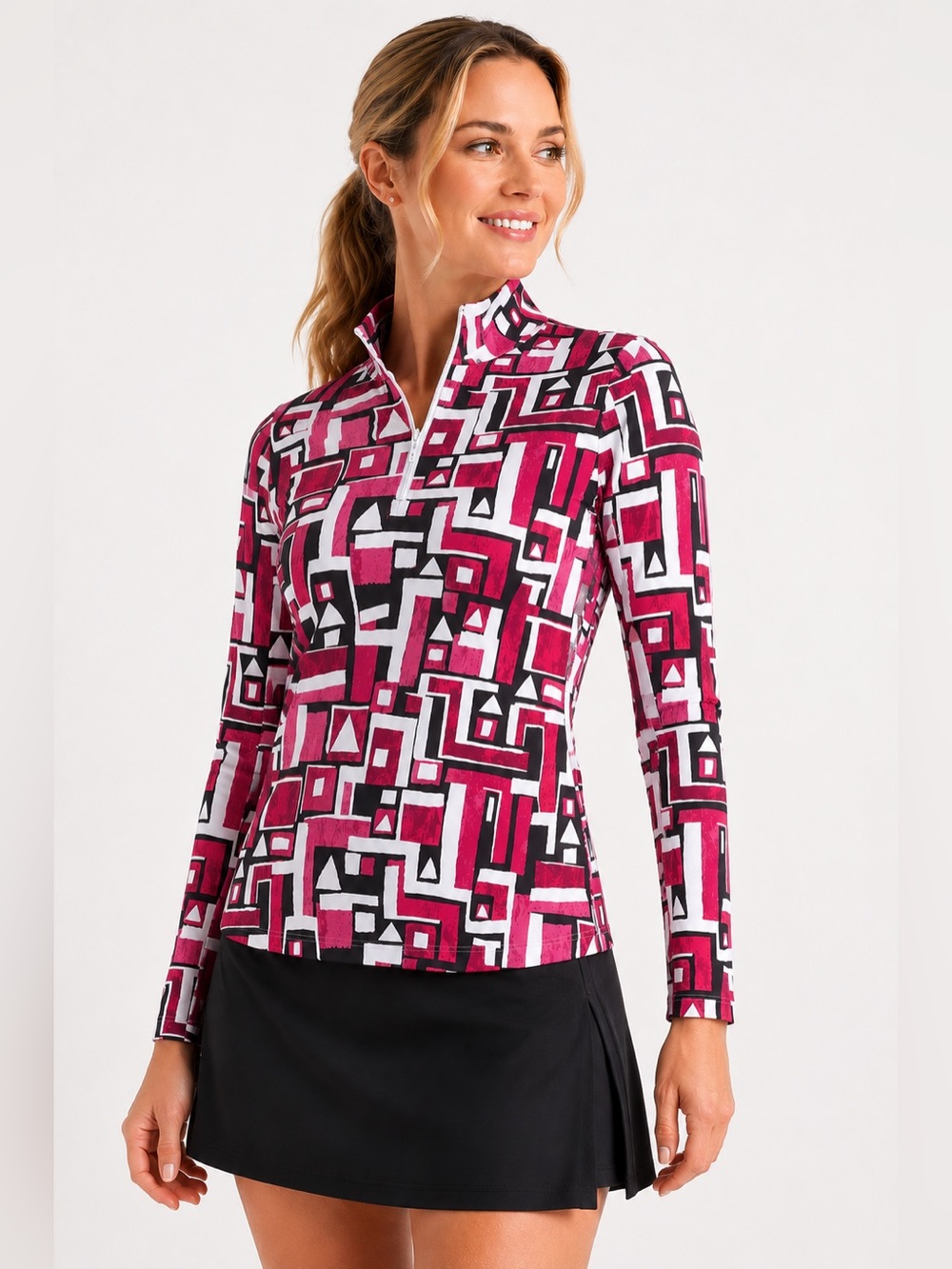 IBKUL Abstract Geometric Print UPF 50+ Cooling Quarter Zip Top Size S